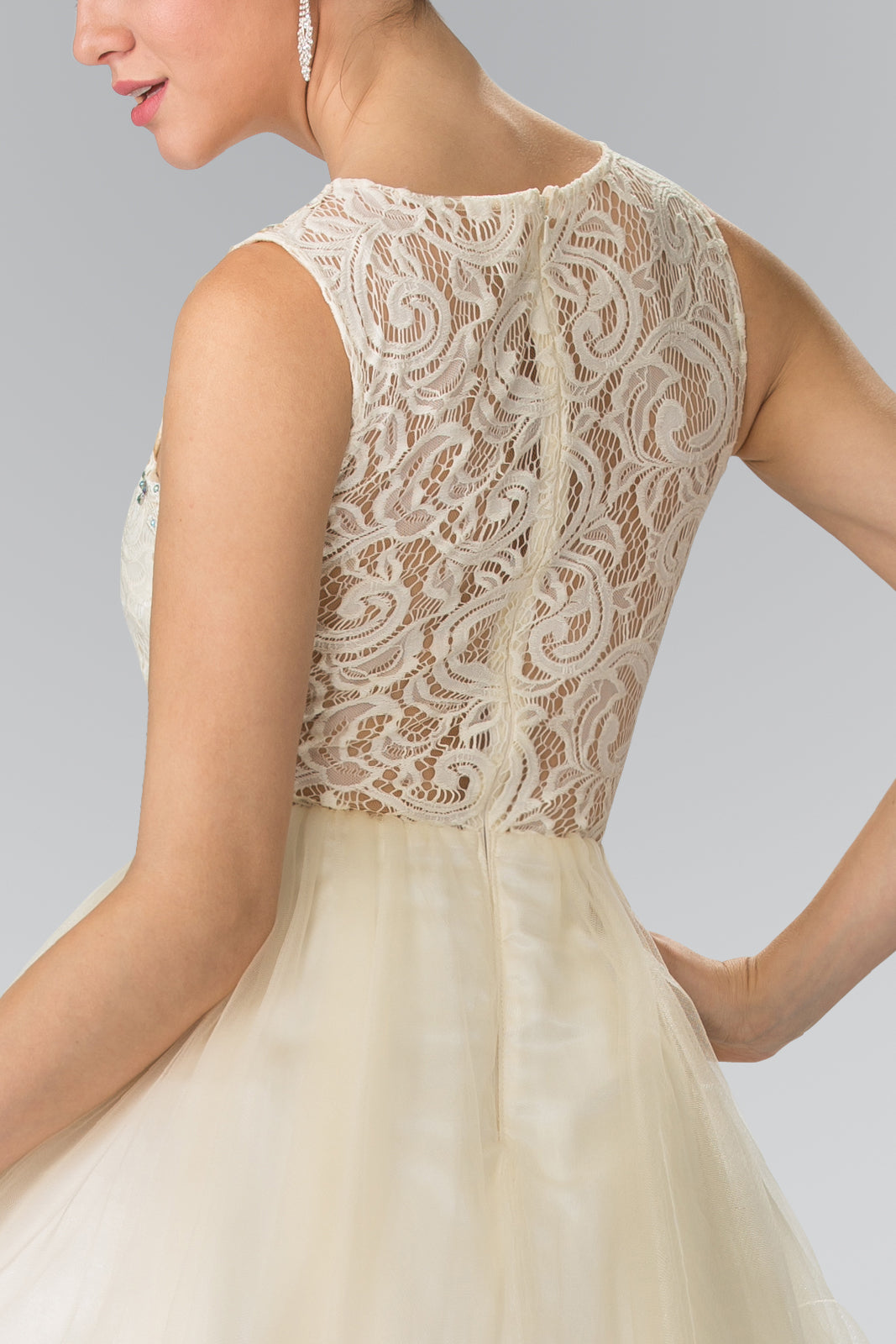 Sleeveless Short Dress with Lace Bodice and Sheer Waistline-9