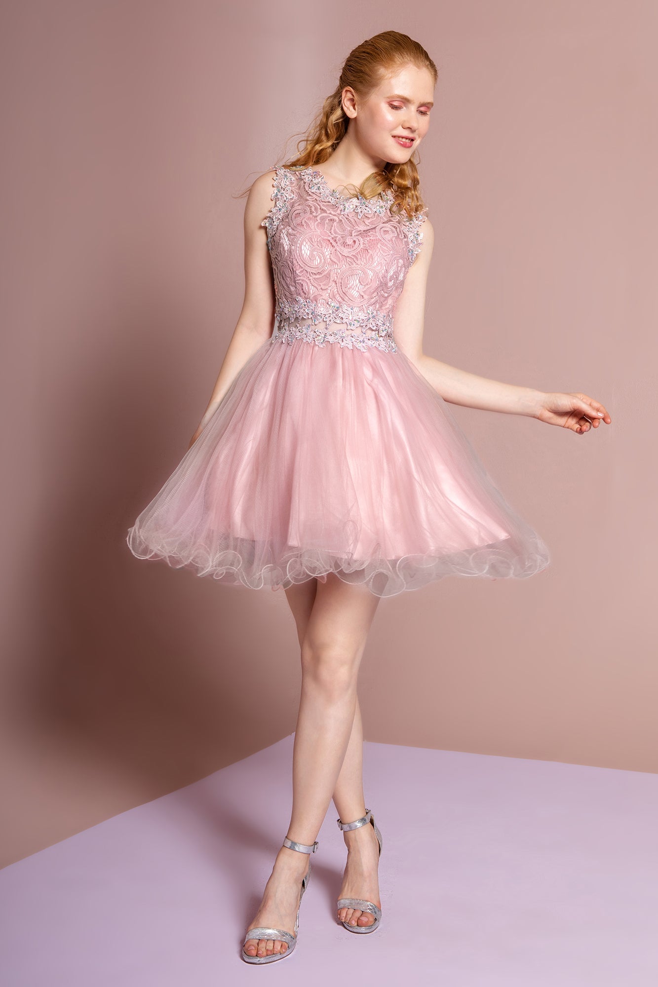 Sleeveless Short Dress with Lace Bodice and Sheer Waistline-0