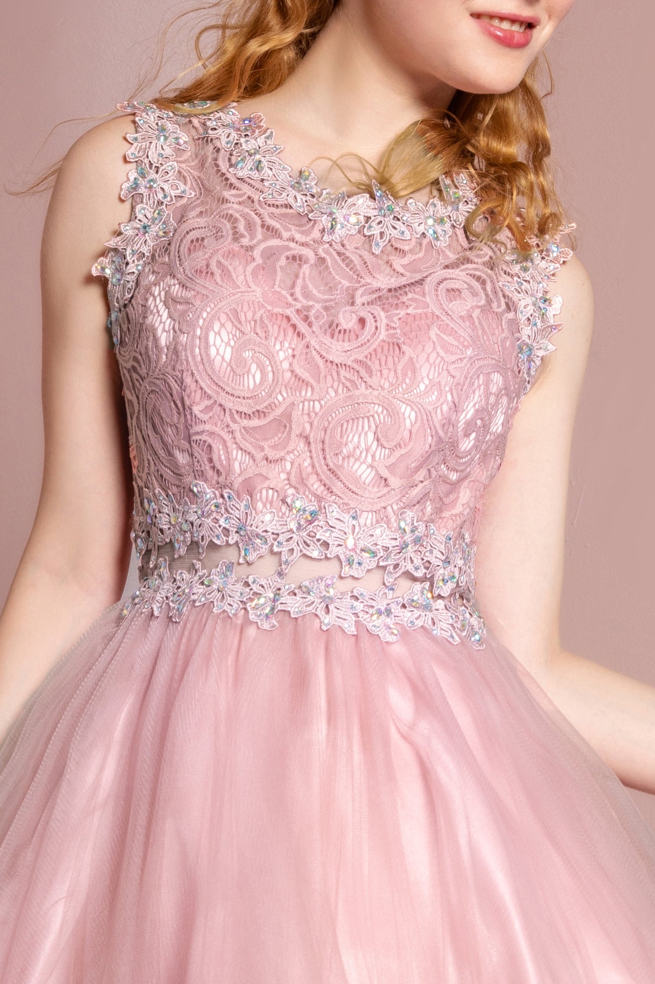 Sleeveless Short Dress with Lace Bodice and Sheer Waistline-1