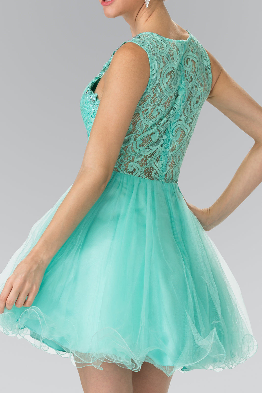 Sleeveless Short Dress with Lace Bodice and Sheer Waistline-11