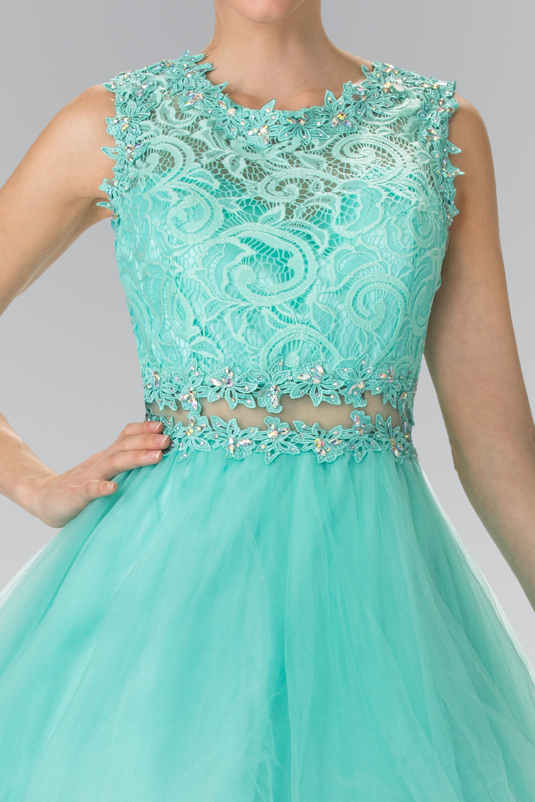 Sleeveless Short Dress with Lace Bodice and Sheer Waistline-12
