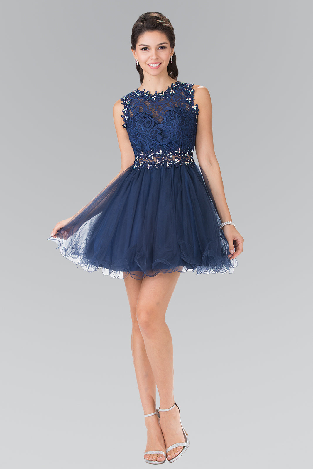 Sleeveless Short Dress with Lace Bodice and Sheer Waistline-13