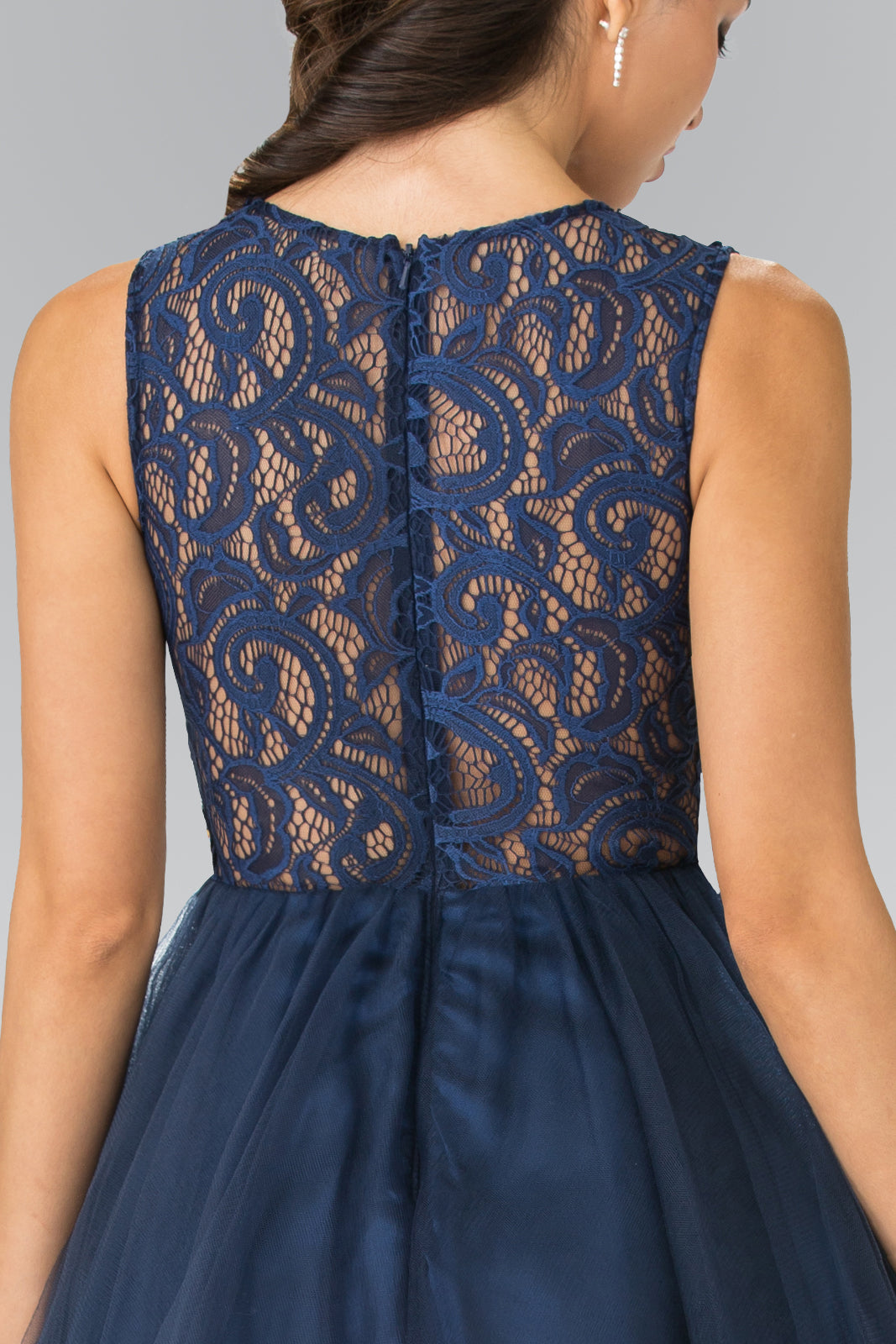 Sleeveless Short Dress with Lace Bodice and Sheer Waistline-14