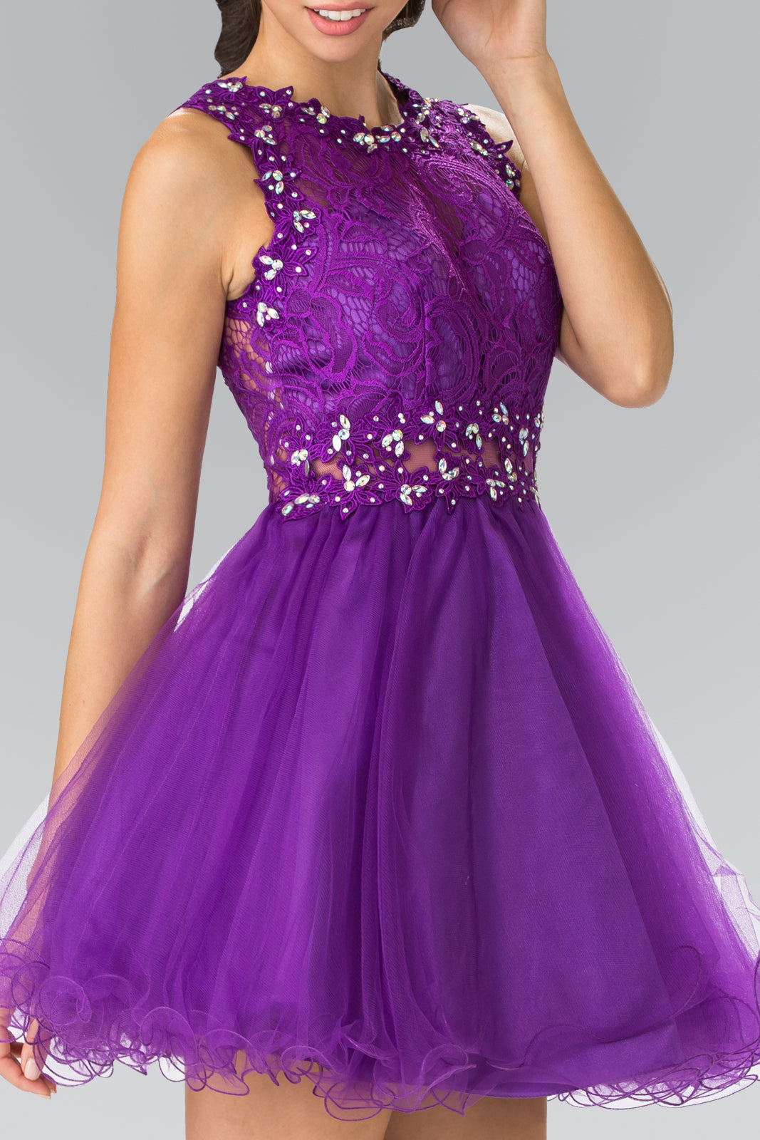 Sleeveless Short Dress with Lace Bodice and Sheer Waistline-17