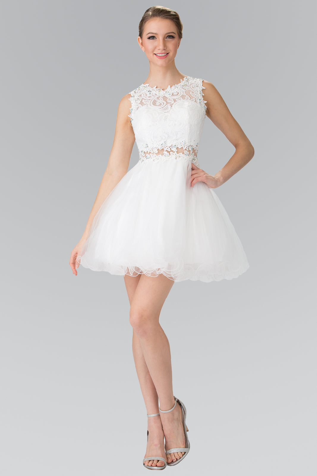 Sleeveless Short Dress with Lace Bodice and Sheer Waistline-19
