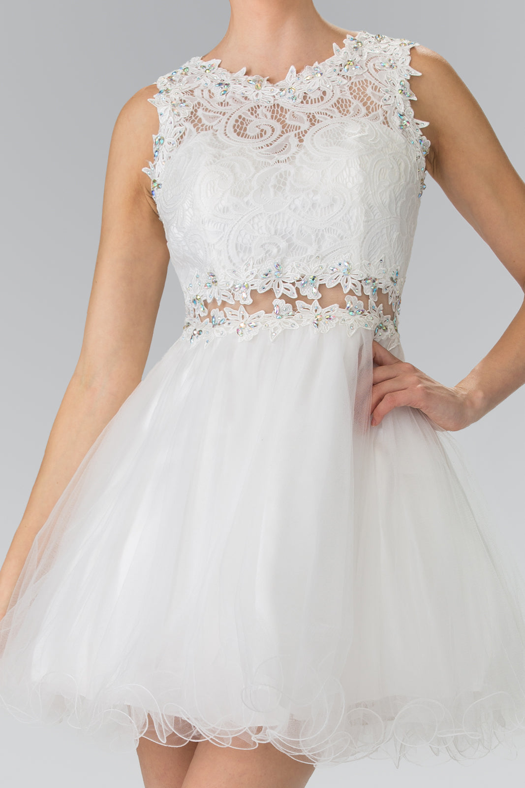 Sleeveless Short Dress with Lace Bodice and Sheer Waistline-21
