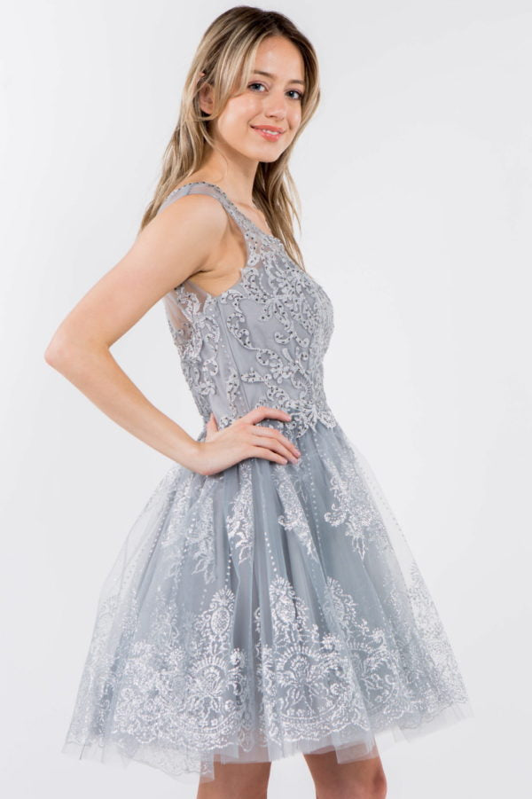 Embroidery Embellished Bodice Glitter Pattern Mesh Skirt Short Dress-7