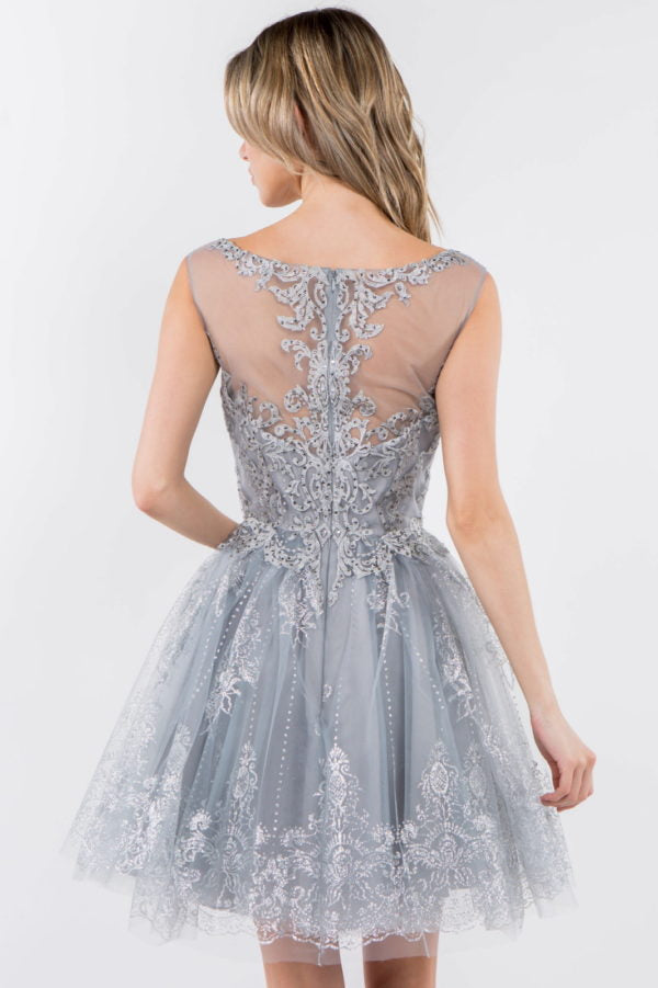 Embroidery Embellished Bodice Glitter Pattern Mesh Skirt Short Dress-8