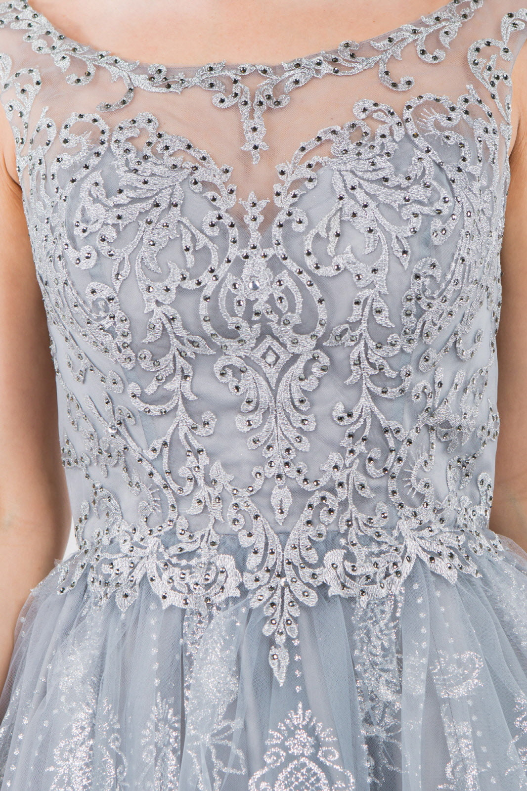 Embroidery Embellished Bodice Glitter Pattern Mesh Skirt Short Dress-9