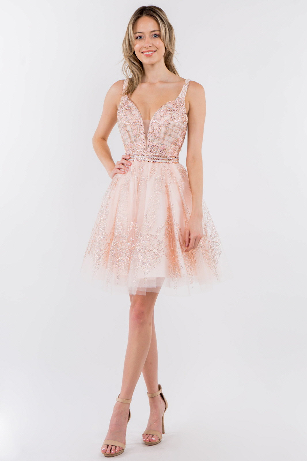 Jewel Accented Waistline Glitter Mesh V-Neck Short Dress-0