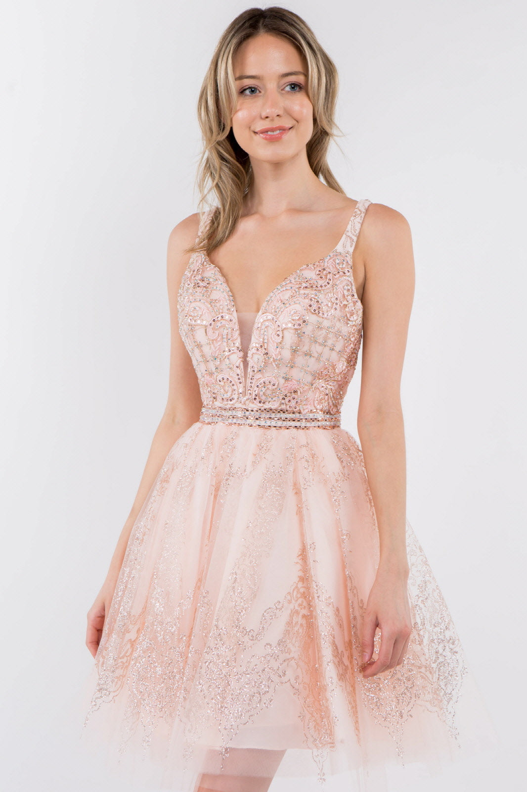 Jewel Accented Waistline Glitter Mesh V-Neck Short Dress-1