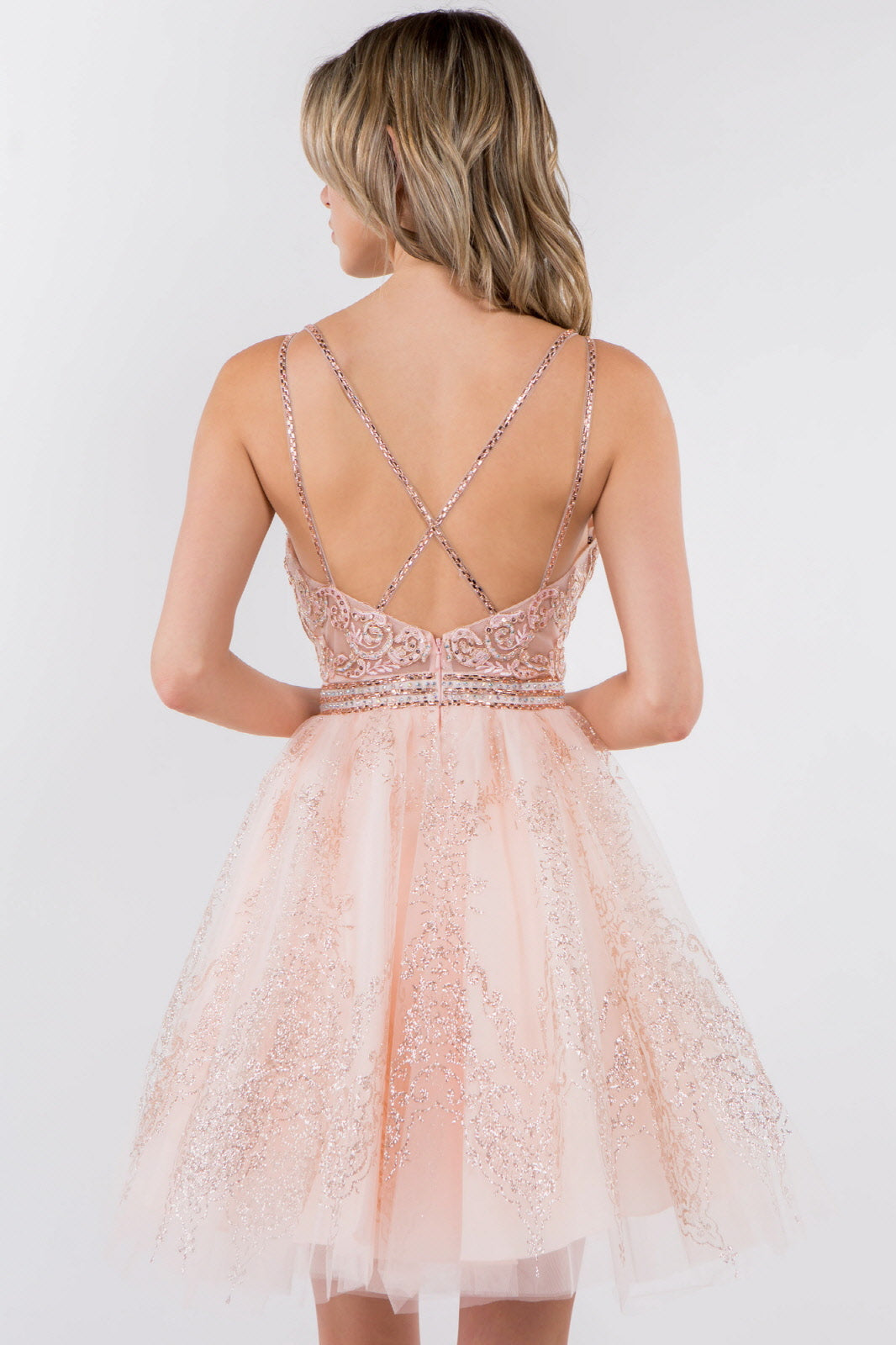 Jewel Accented Waistline Glitter Mesh V-Neck Short Dress-3