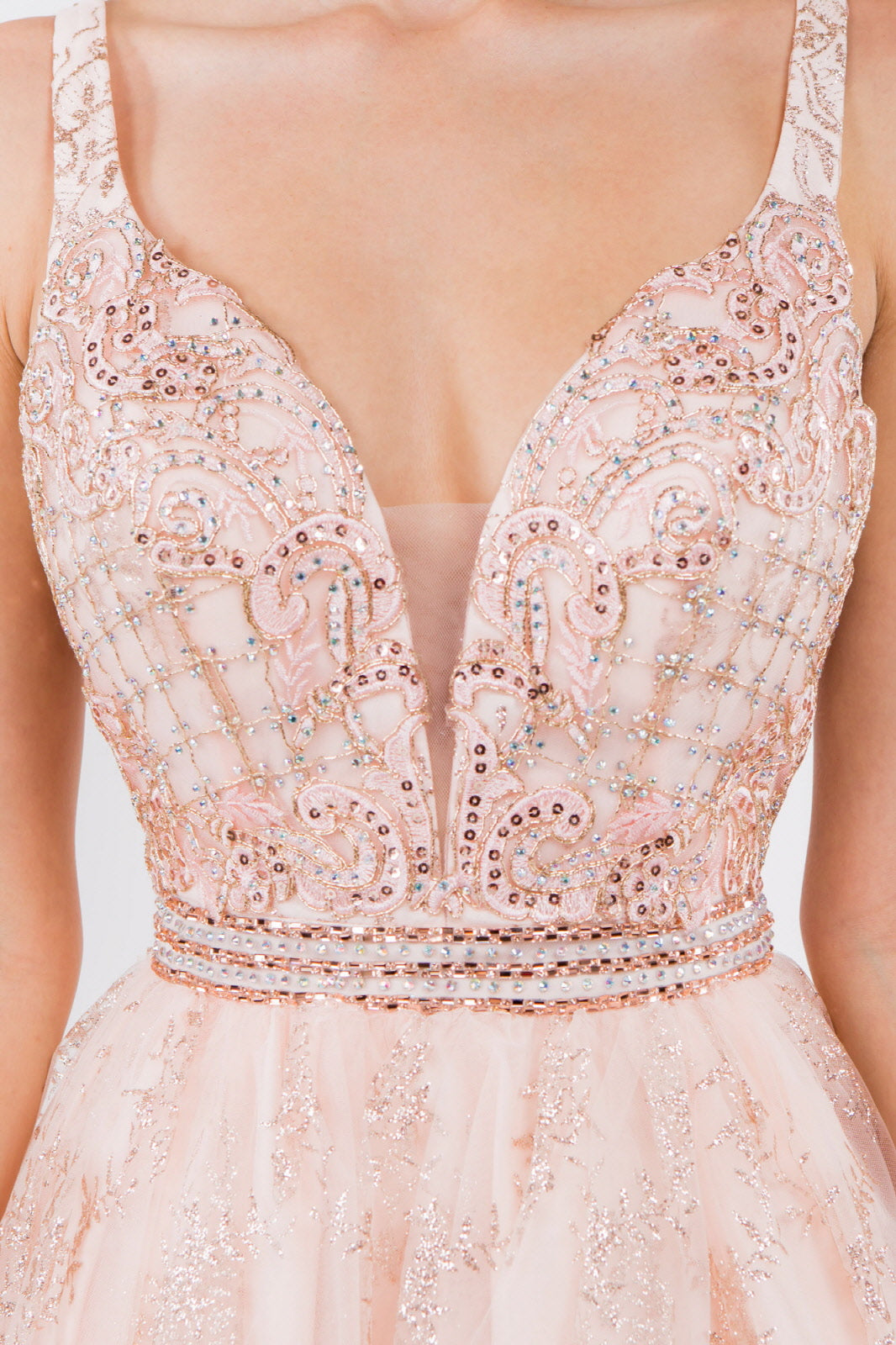 Jewel Accented Waistline Glitter Mesh V-Neck Short Dress-4