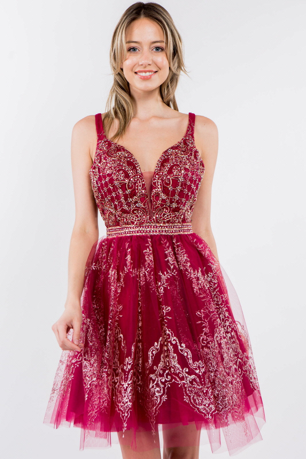 Jewel Accented Waistline Glitter Mesh V-Neck Short Dress-6