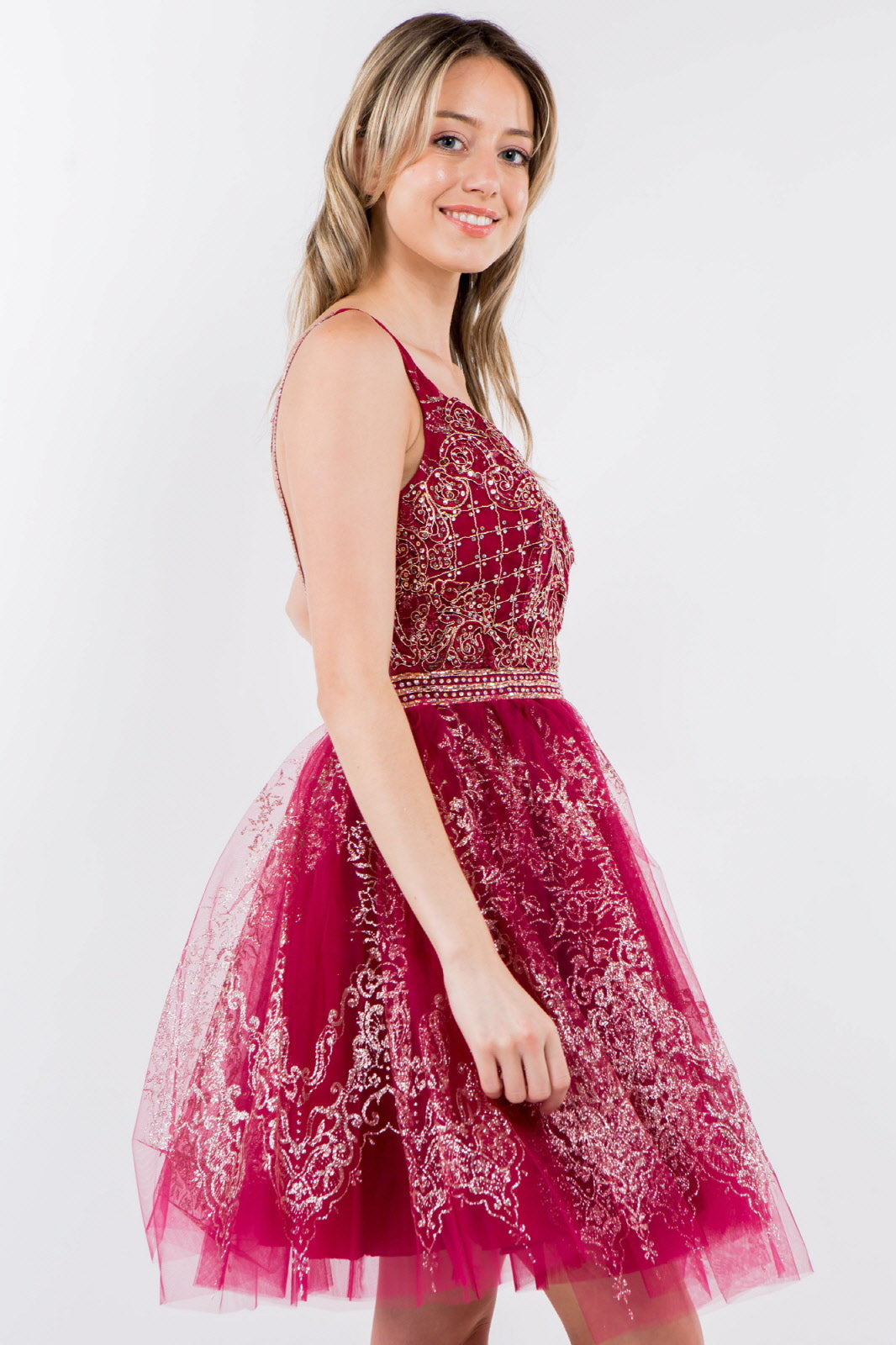 Jewel Accented Waistline Glitter Mesh V-Neck Short Dress-7