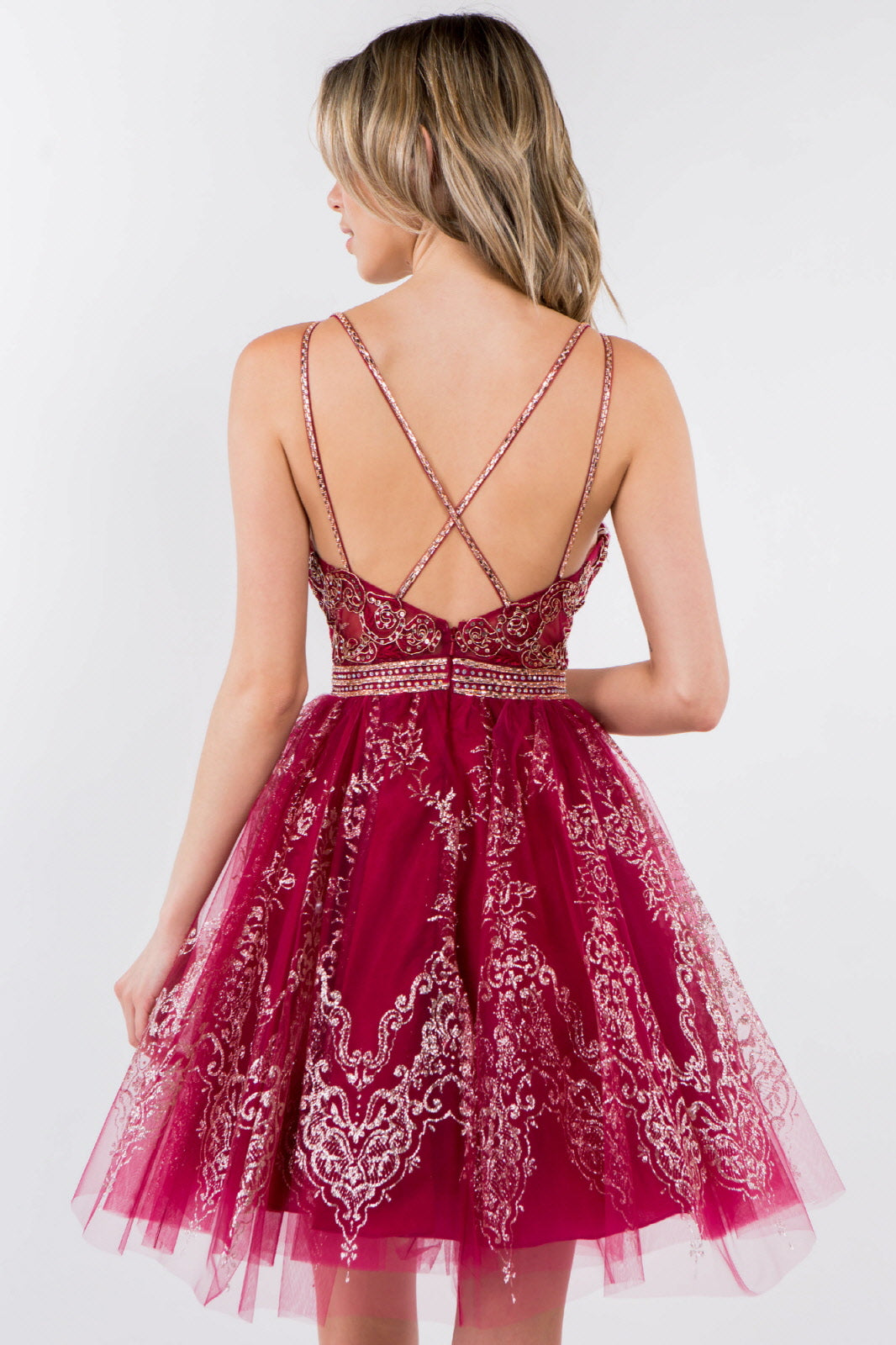 Jewel Accented Waistline Glitter Mesh V-Neck Short Dress-8