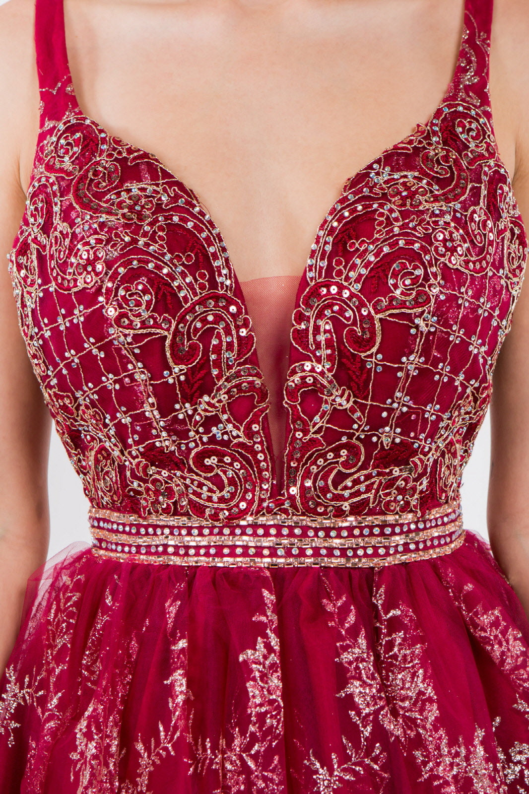 Jewel Accented Waistline Glitter Mesh V-Neck Short Dress-9