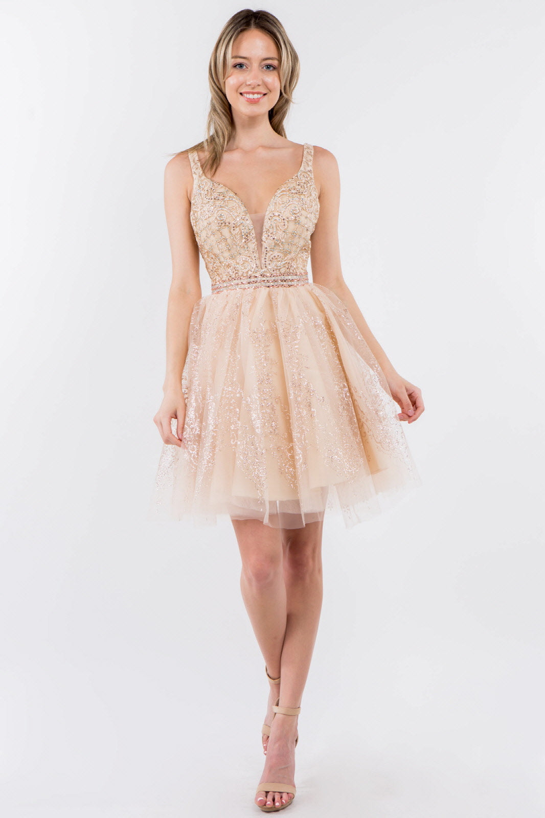 Jewel Accented Waistline Glitter Mesh V-Neck Short Dress-10