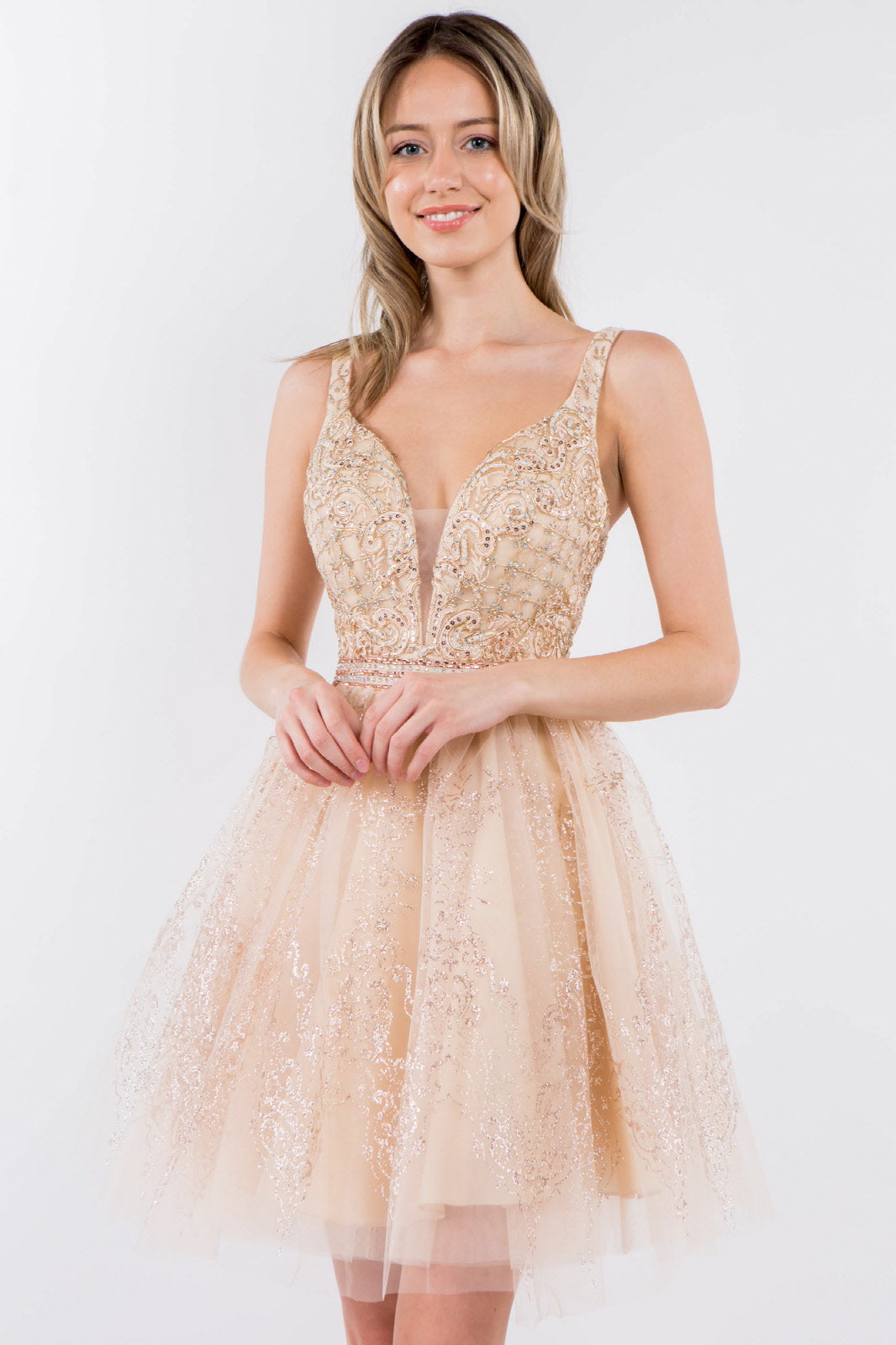 Jewel Accented Waistline Glitter Mesh V-Neck Short Dress-11