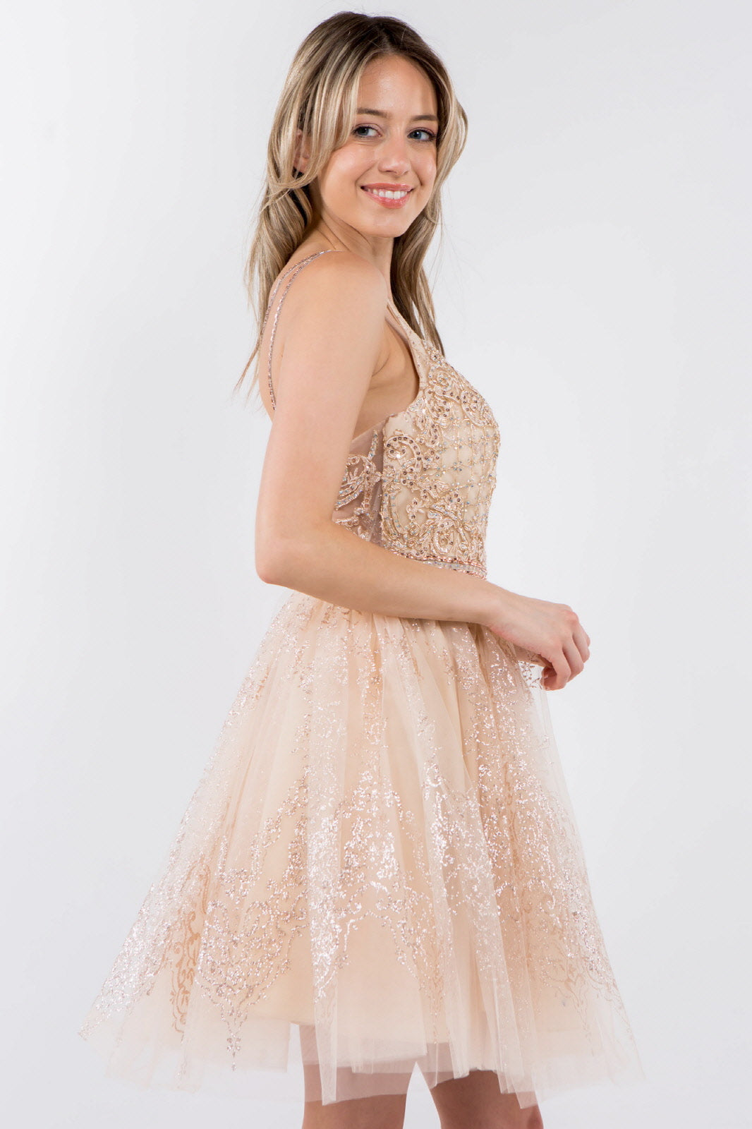 Jewel Accented Waistline Glitter Mesh V-Neck Short Dress-12