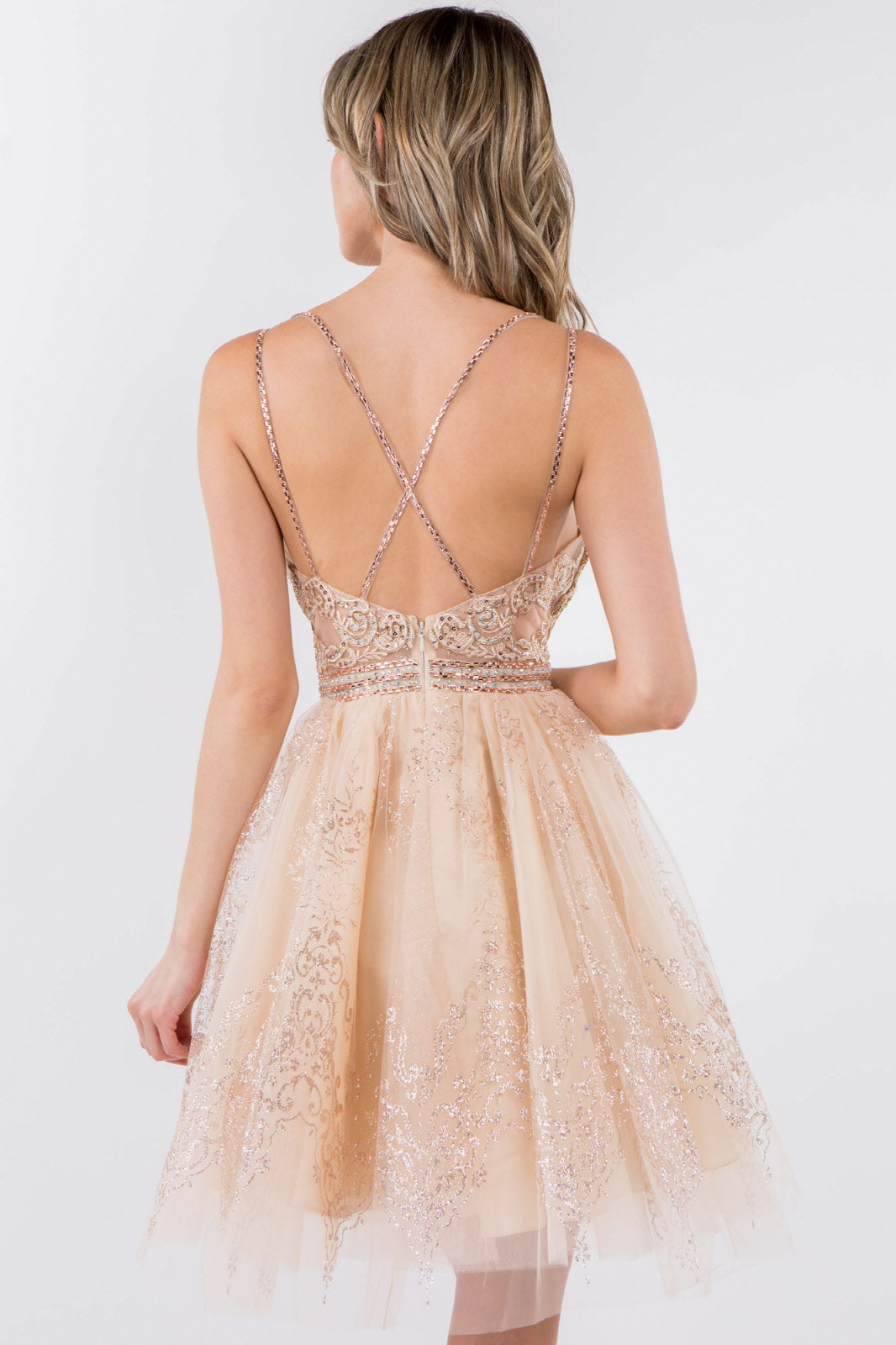 Jewel Accented Waistline Glitter Mesh V-Neck Short Dress-13