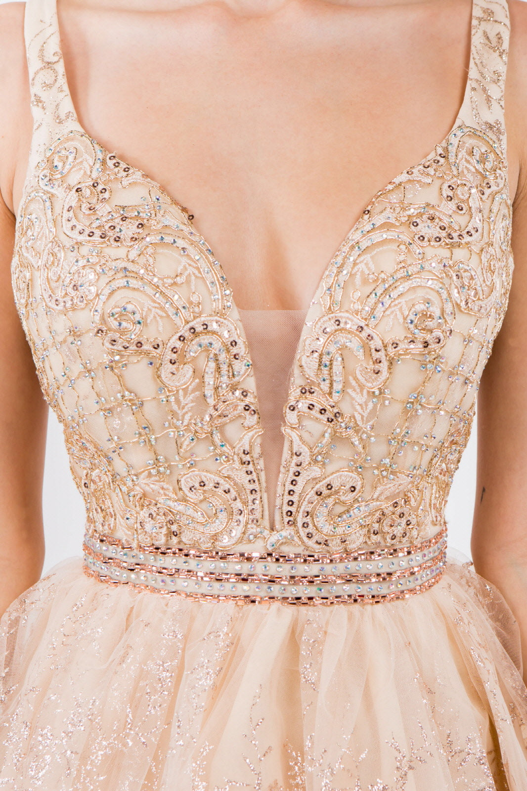 Jewel Accented Waistline Glitter Mesh V-Neck Short Dress-14