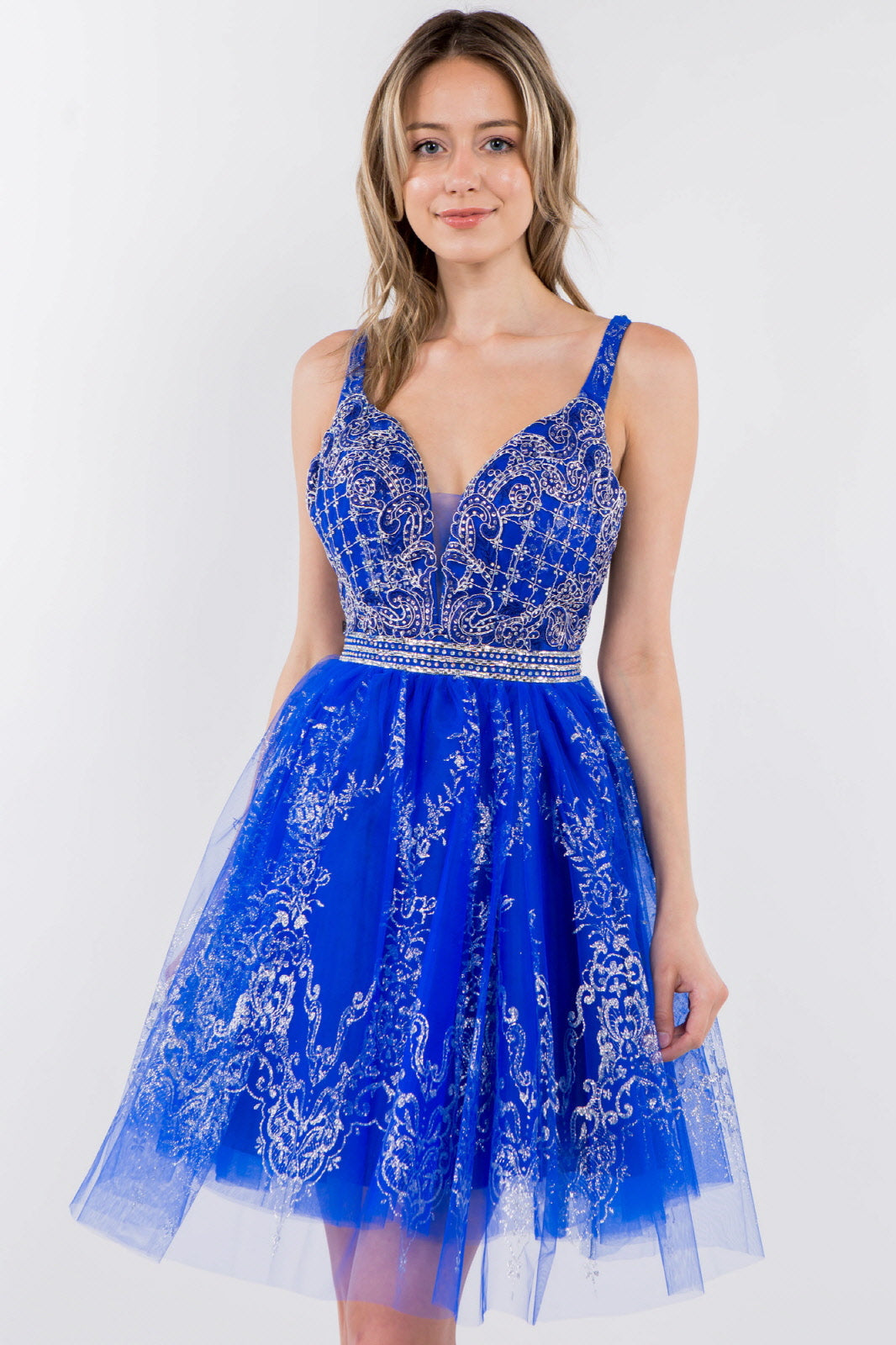 Jewel Accented Waistline Glitter Mesh V-Neck Short Dress-16