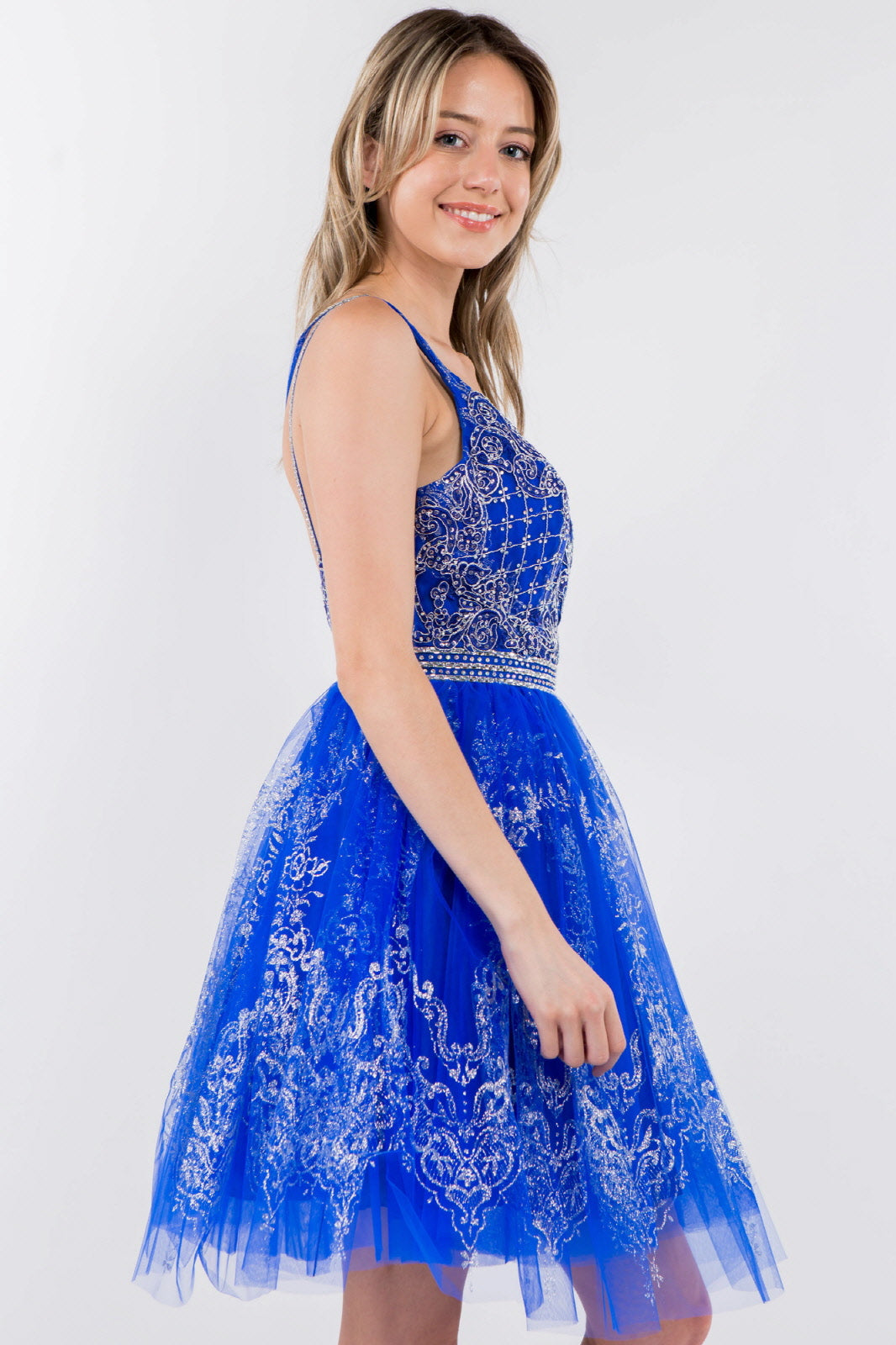 Jewel Accented Waistline Glitter Mesh V-Neck Short Dress-17