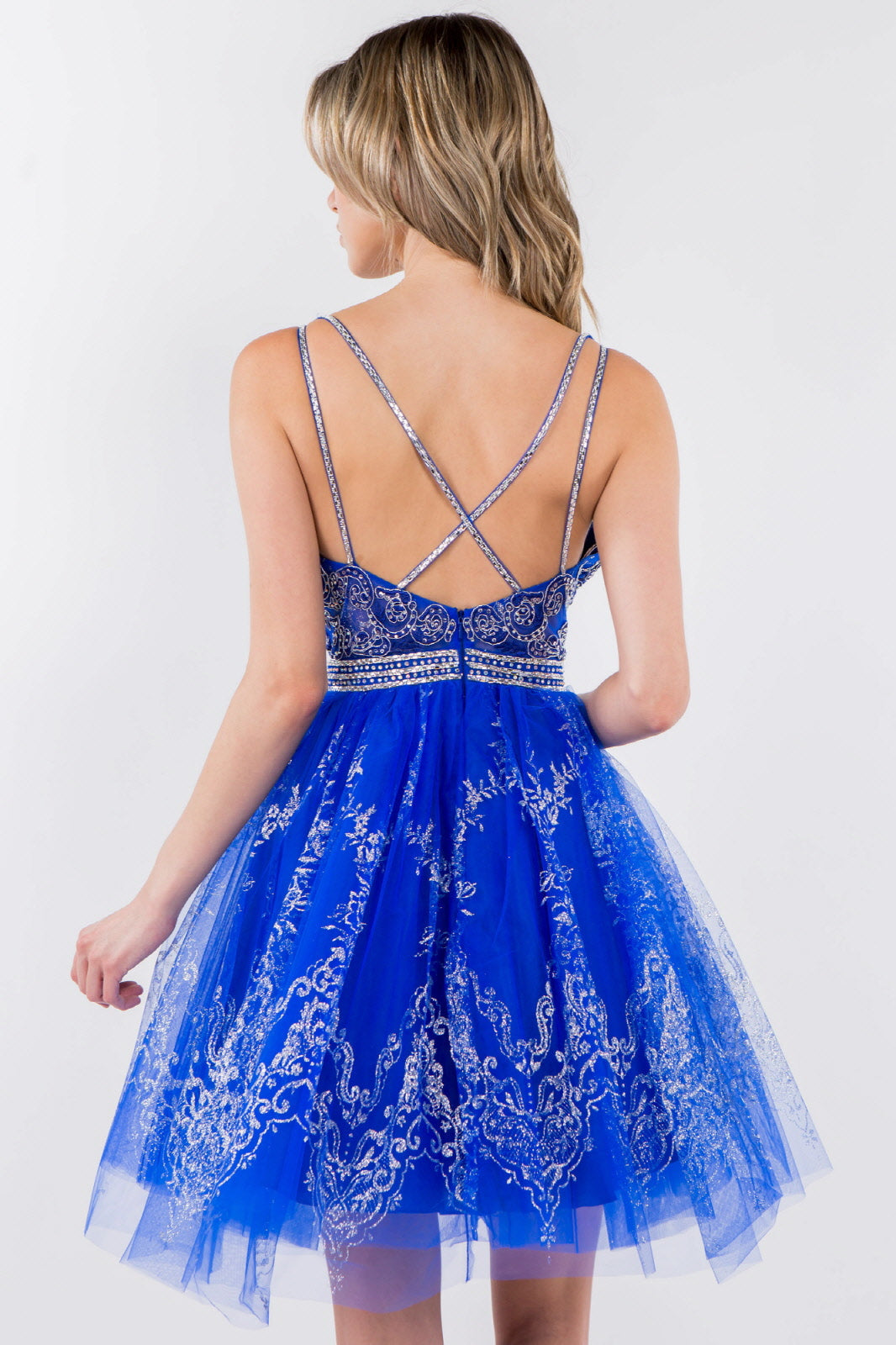 Jewel Accented Waistline Glitter Mesh V-Neck Short Dress-18
