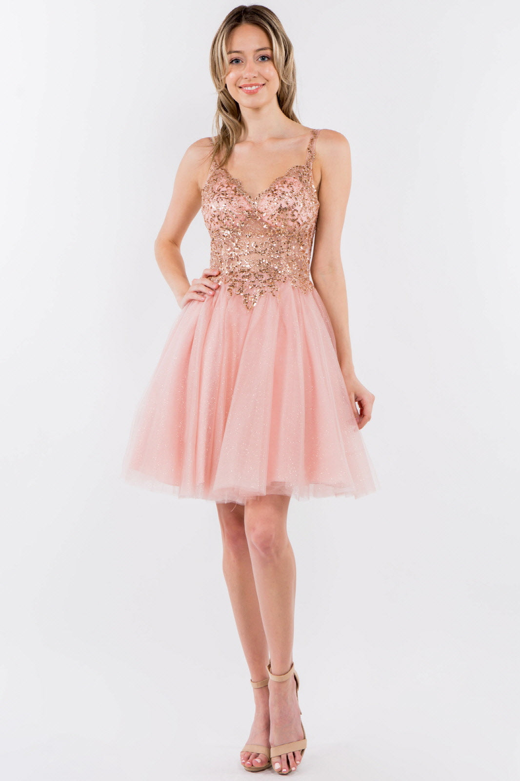 Sequin and Glitter Embellished Sheer Bodice V-Neck Short Dress-10