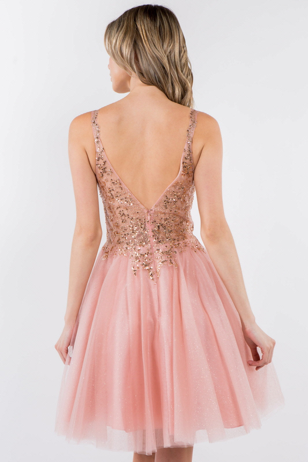 Sequin and Glitter Embellished Sheer Bodice V-Neck Short Dress-13