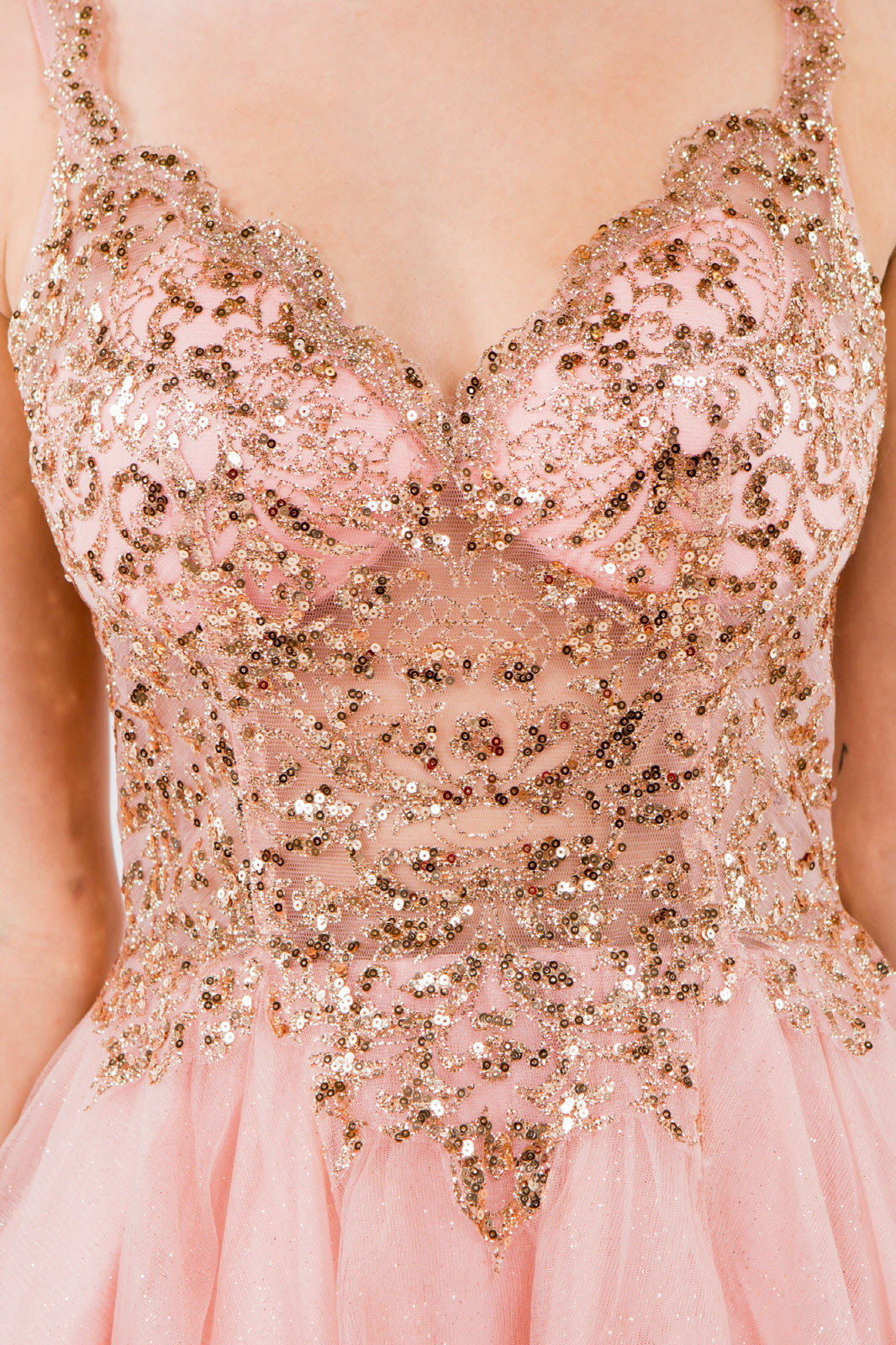 Sequin and Glitter Embellished Sheer Bodice V-Neck Short Dress-14