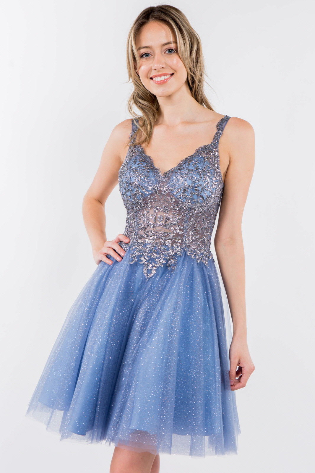 Sequin and Glitter Embellished Sheer Bodice V-Neck Short Dress-6
