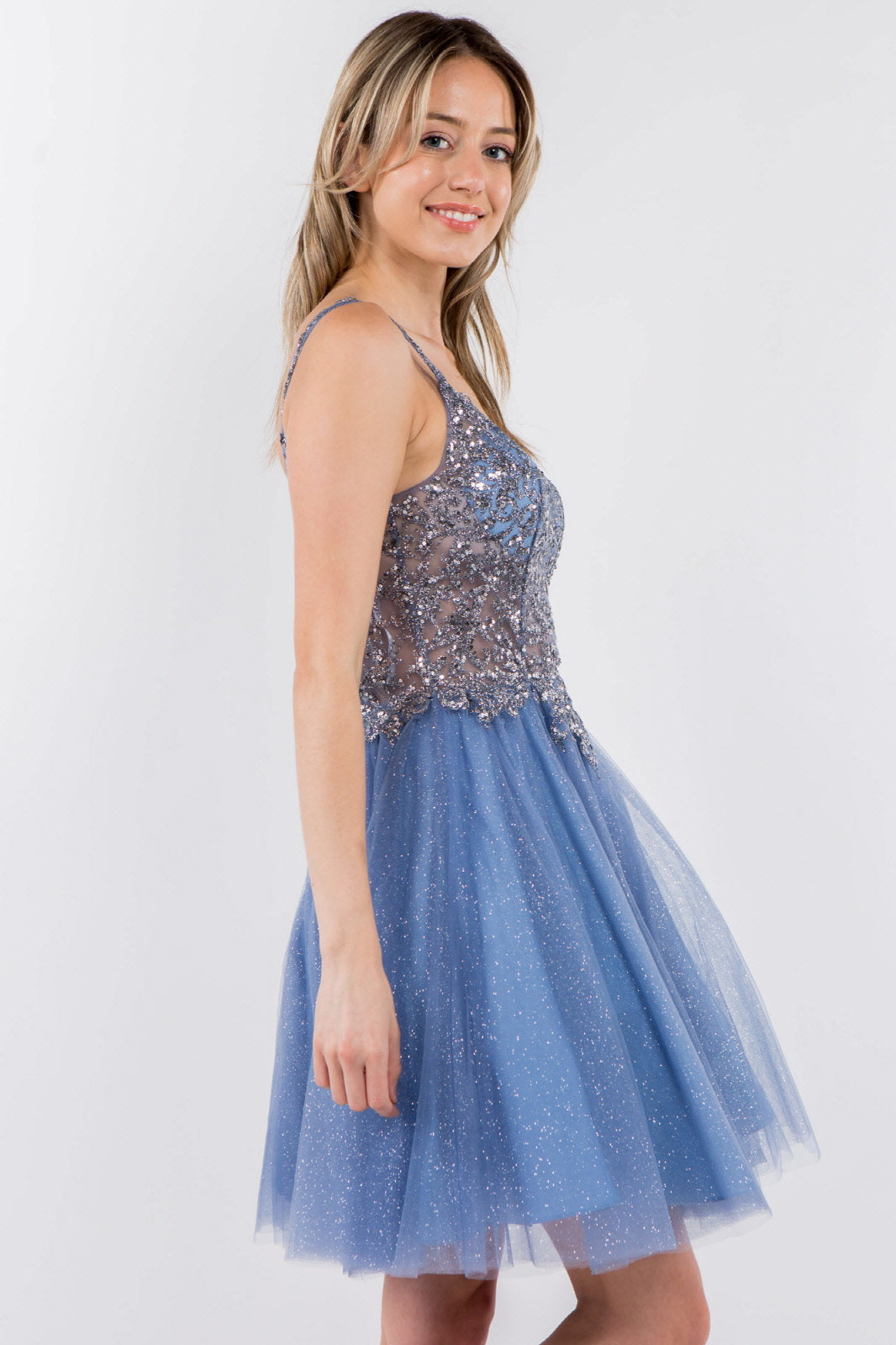 Sequin and Glitter Embellished Sheer Bodice V-Neck Short Dress-7