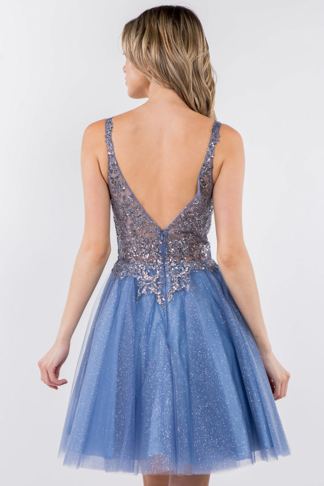 Sequin and Glitter Embellished Sheer Bodice V-Neck Short Dress-8
