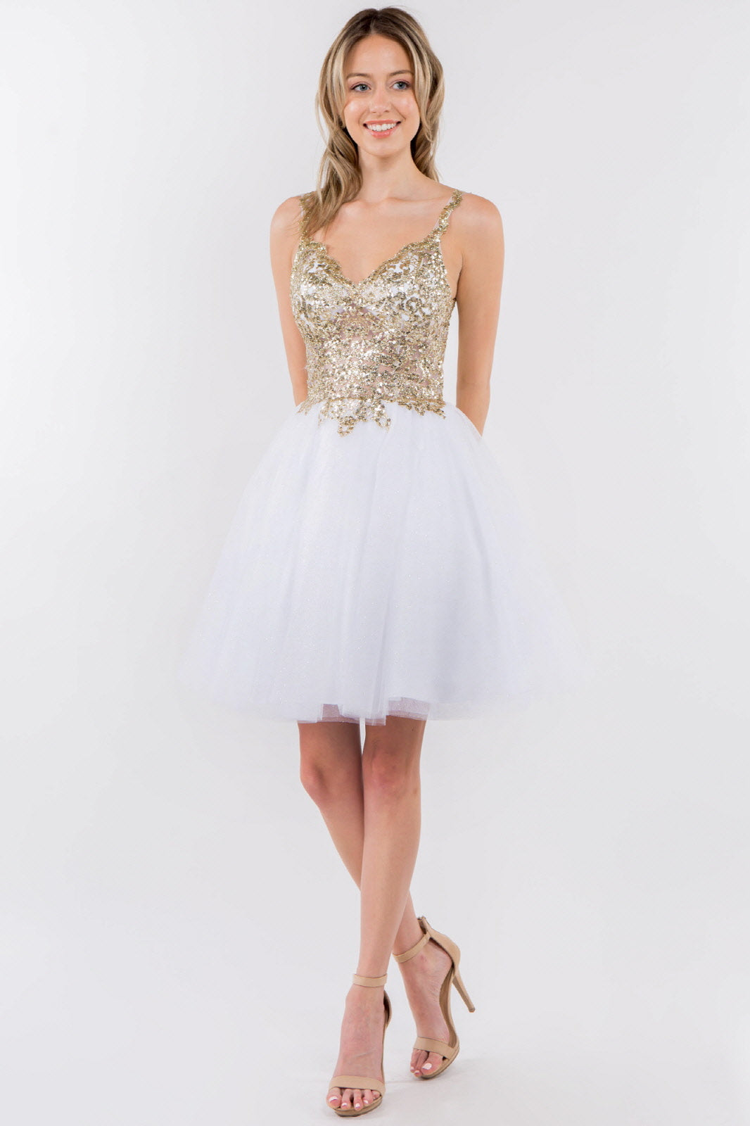 Sequin and Glitter Embellished Sheer Bodice V-Neck Short Dress-15