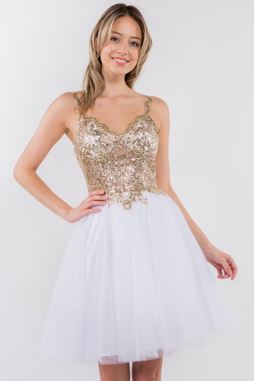 Sequin and Glitter Embellished Sheer Bodice V-Neck Short Dress-16