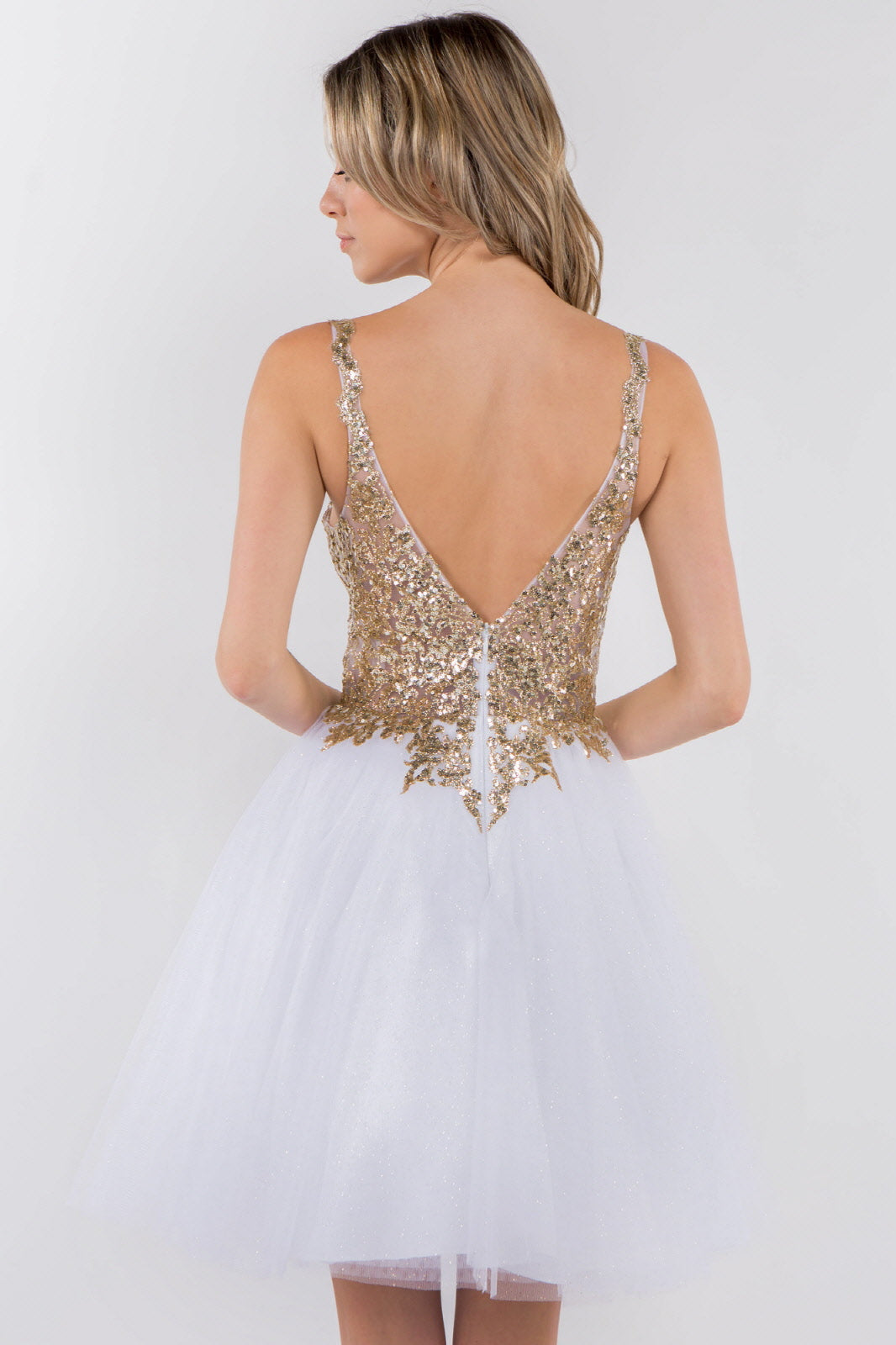 Sequin and Glitter Embellished Sheer Bodice V-Neck Short Dress-18