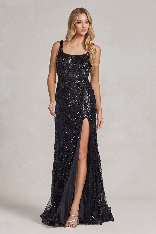 Embroidered Sequins Square Neck Side Slit Long Prom Dress NXC1103-9