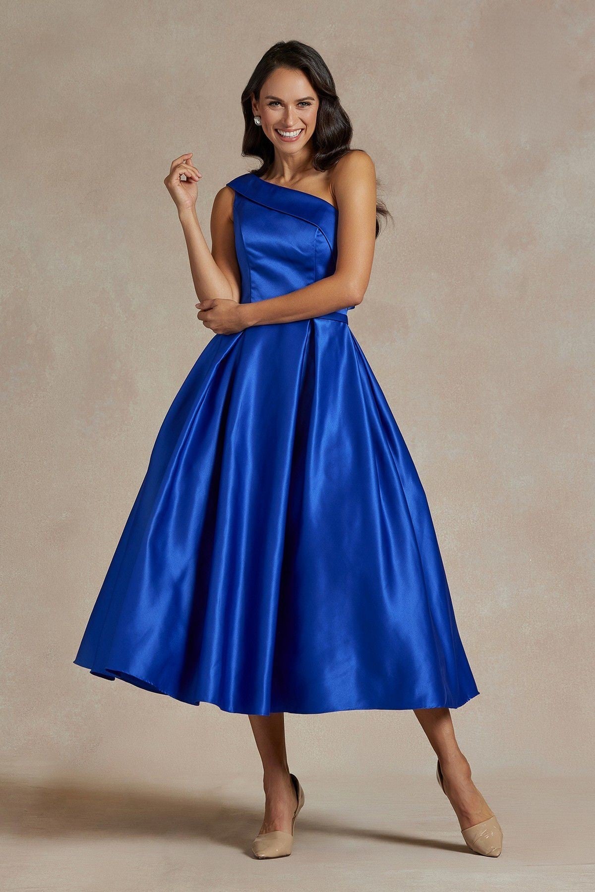 One Shoulder Satin Open Back Midi Evening & Prom Dress NXJE931 Sale-3