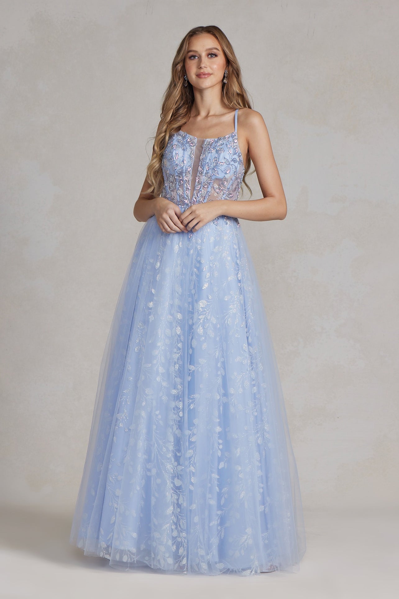 Embroidered Applique Open Corset Back Spaghetti Straps Long Prom Dress NXT1084-0