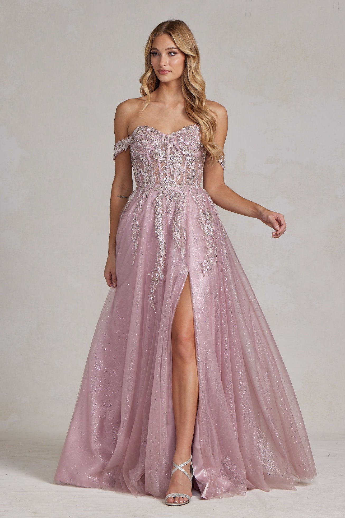 Off Shoulder Side Slit A-Line Tulle Skirt Long Prom Dress NXE1128-0