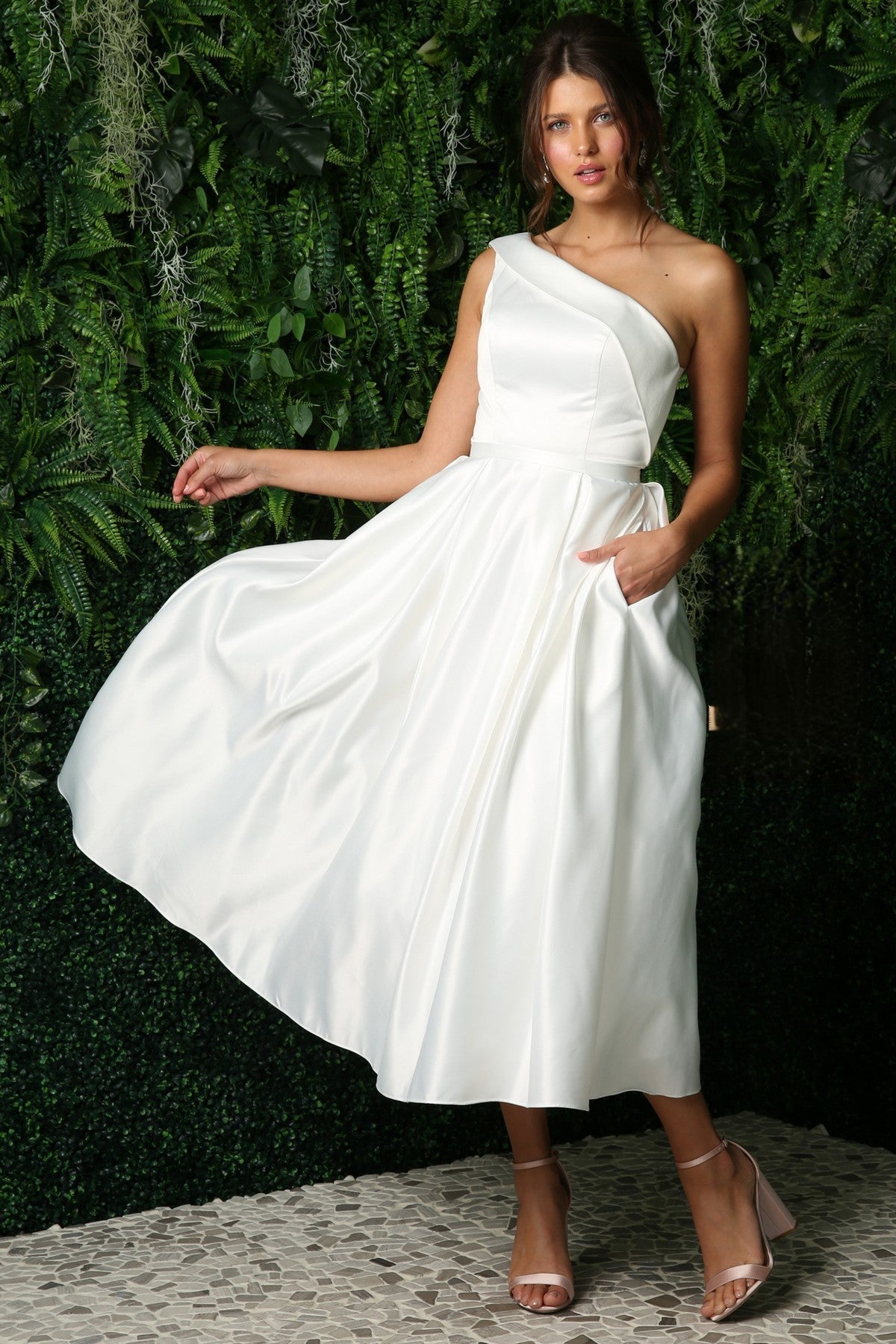 One Shoulder Satin Open Back Midi Evening & Prom Dress NXJE931 Sale-1