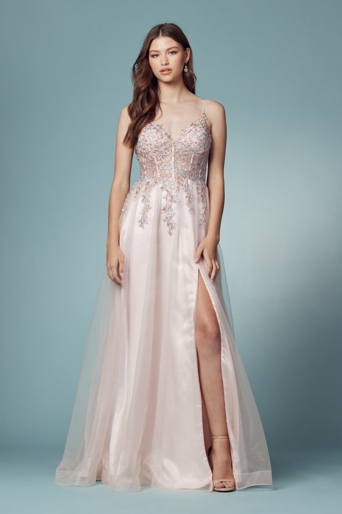 Embroidered Bodice Open Back High Slit Long Prom Dress NXS1015-1