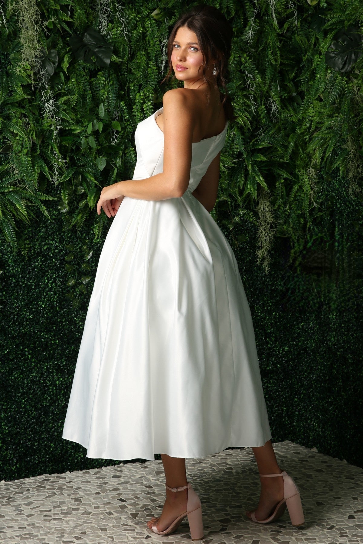 One Shoulder Satin Open Back Midi Evening & Prom Dress NXJE931 Sale-6