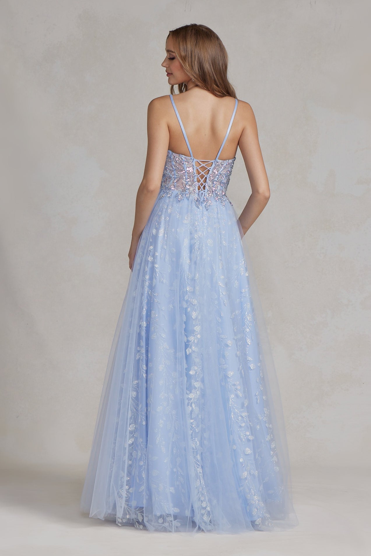 Embroidered Applique Open Corset Back Spaghetti Straps Long Prom Dress NXT1084-1