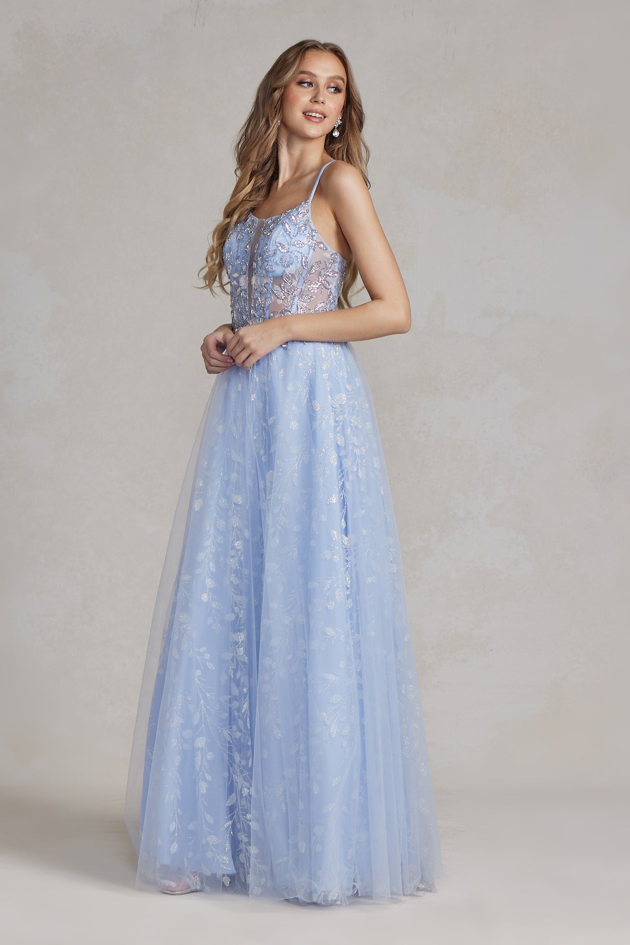 Embroidered Applique Open Corset Back Spaghetti Straps Long Prom Dress NXT1084-2