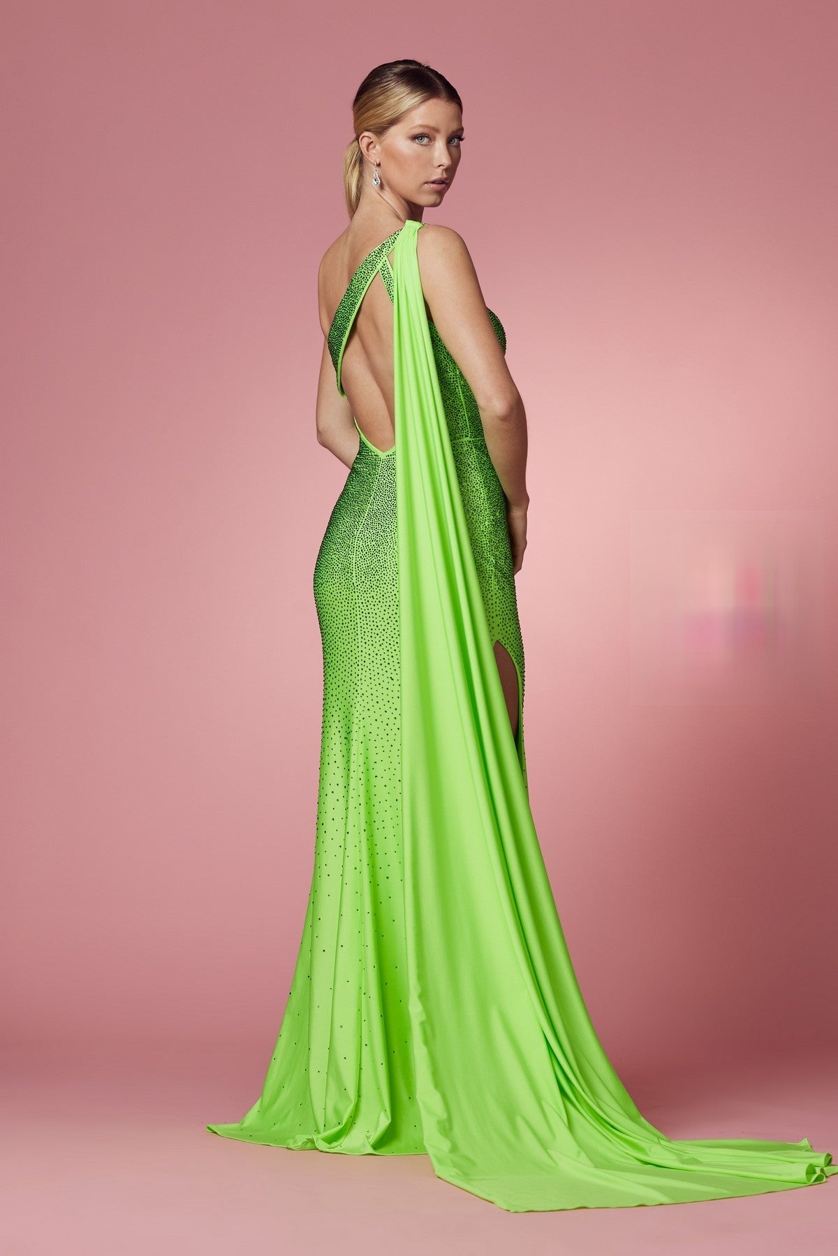 One Shoulder High Slit Embellished Jewel Long Prom & Evening Dress NXE1039-5