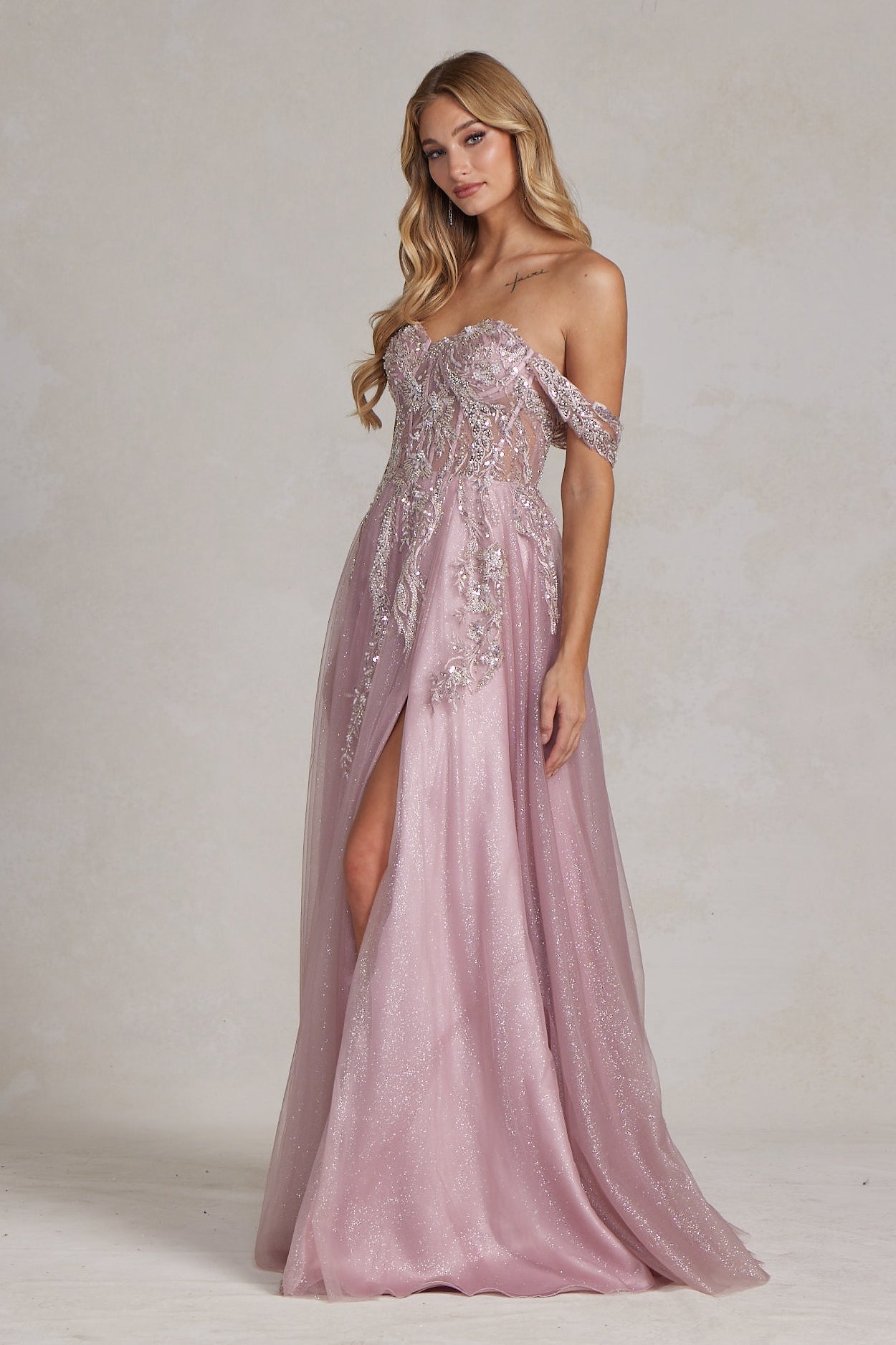 Off Shoulder Side Slit A-Line Tulle Skirt Long Prom Dress NXE1128-2