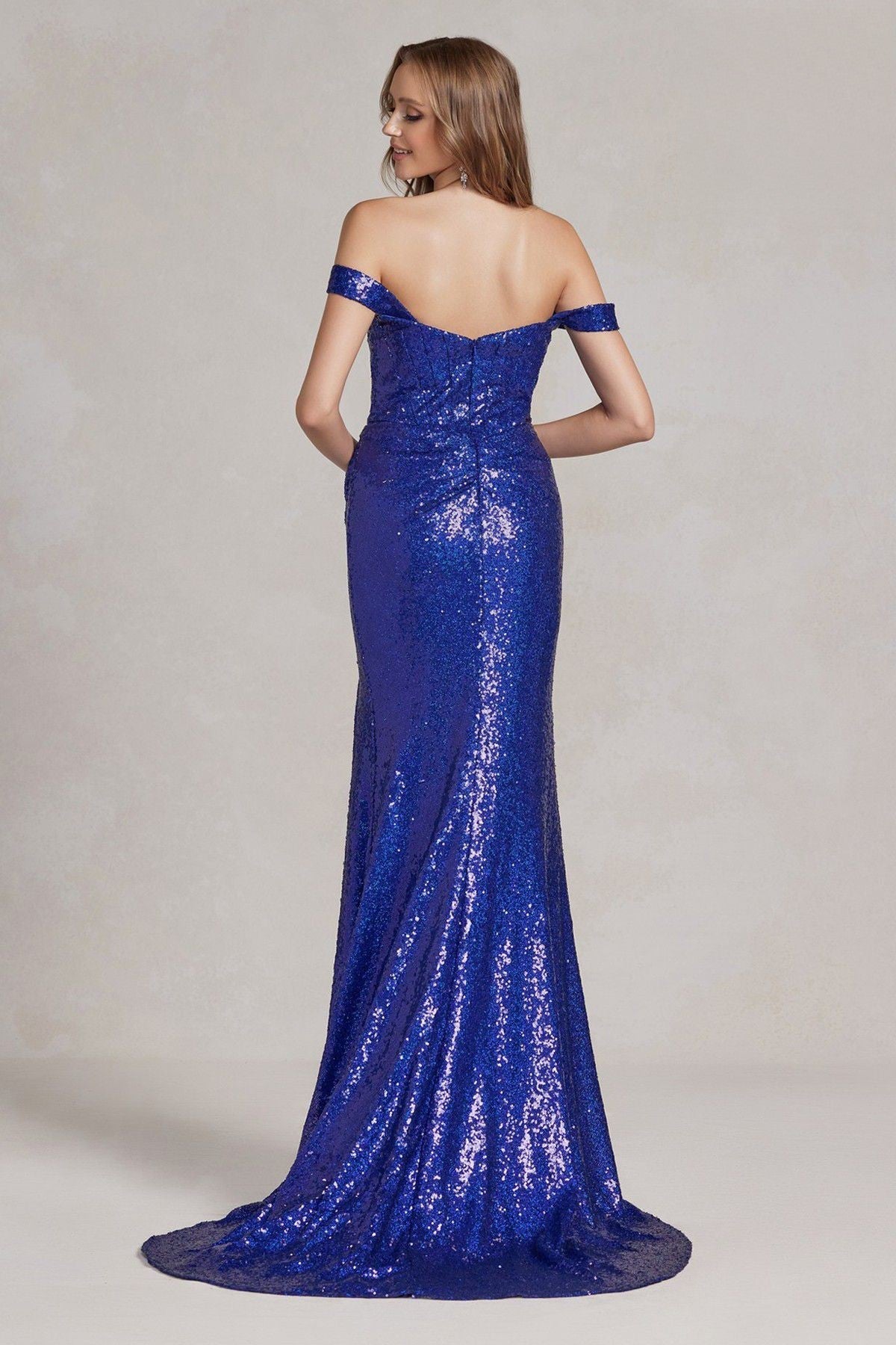 Off Shoulder Embroidered Sequins Open Back Long Prom Dress NXR1203-2